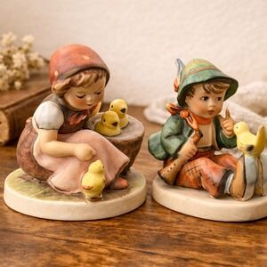 Vintage Goebel Hummel Style Figurines Set Girl with Chicks 57/0 Boy with Bird 63
